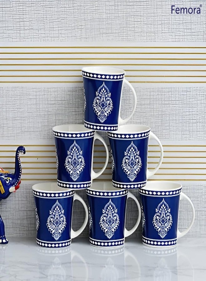 Femora Block Print Ceramic Coffee & Tea Cup Set of 6, 160 ML, Blue - Image 2
